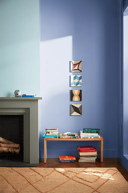 Living Room Pale Blue Paint Fireplace