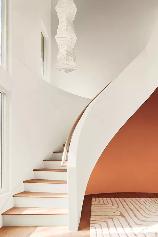 White Paint Staircase Red Accent Wall
