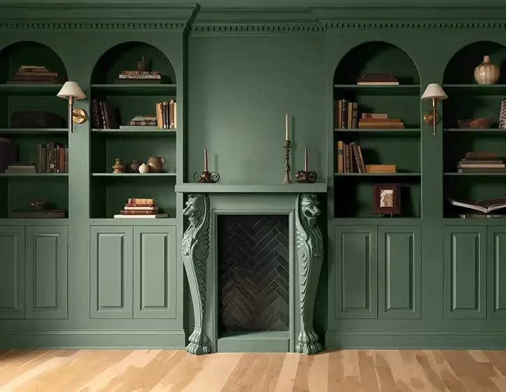 green-room-paneled-walls-shelving